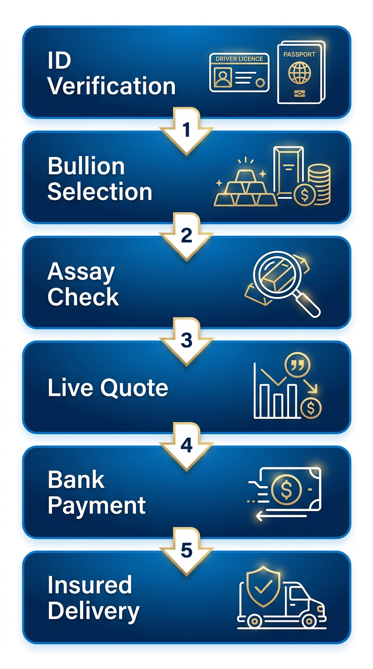 Vertical process flow diagram illustrating six stages of bullion buying and selling transactions in Australia from ID verification to insured delivery