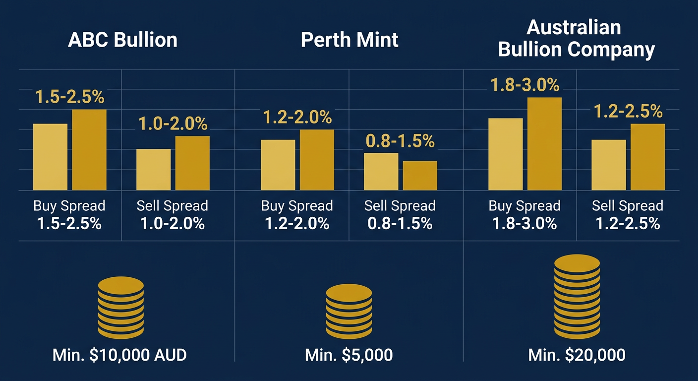 Infographic comparing buy/sell spreads and minimum investments for ABC Bullion, Perth Mint, and Australian Bullion Company