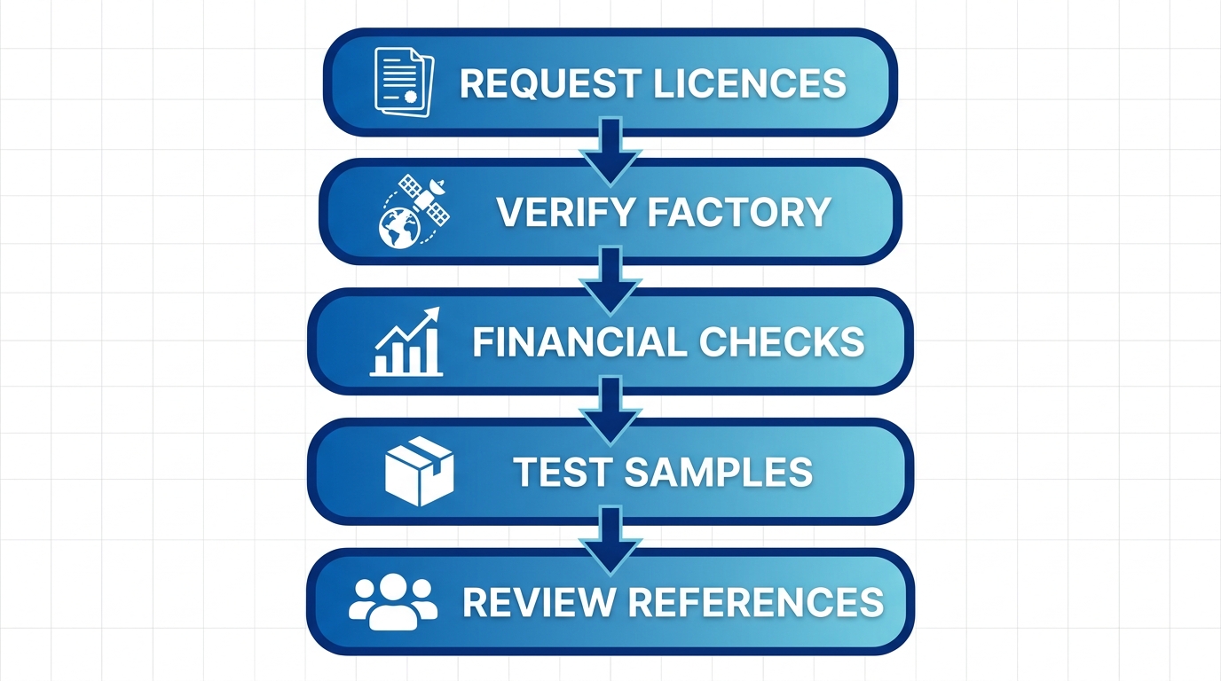 Vertical process flow diagram illustrating the 5-step supplier vetting process: request licences, verify factory, financial checks, test samples, review references, with icons and arrows.