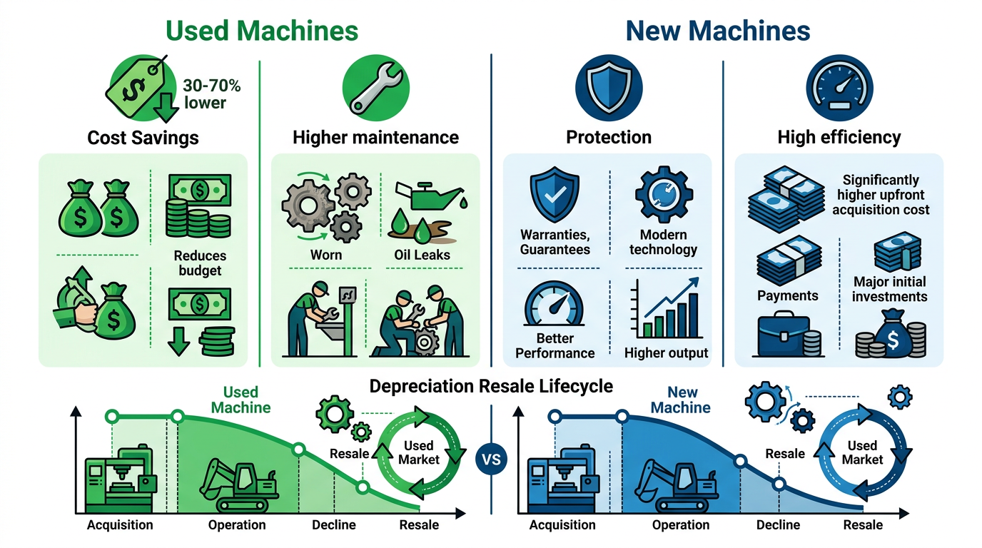 Infographic comparing used and new heavy industrial machines pros cons and lifecycle