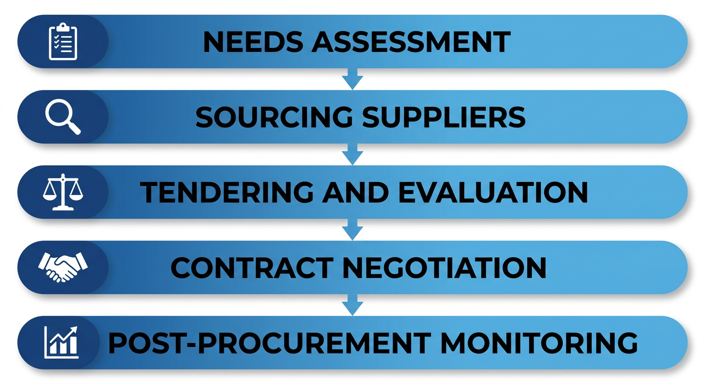 Vertical process flow diagram illustrating five key stages of procuring heavy industrial machines: Needs assessment, Sourcing suppliers, Tendering and evaluation, Contract negotiation, Post-procurement monitoring.