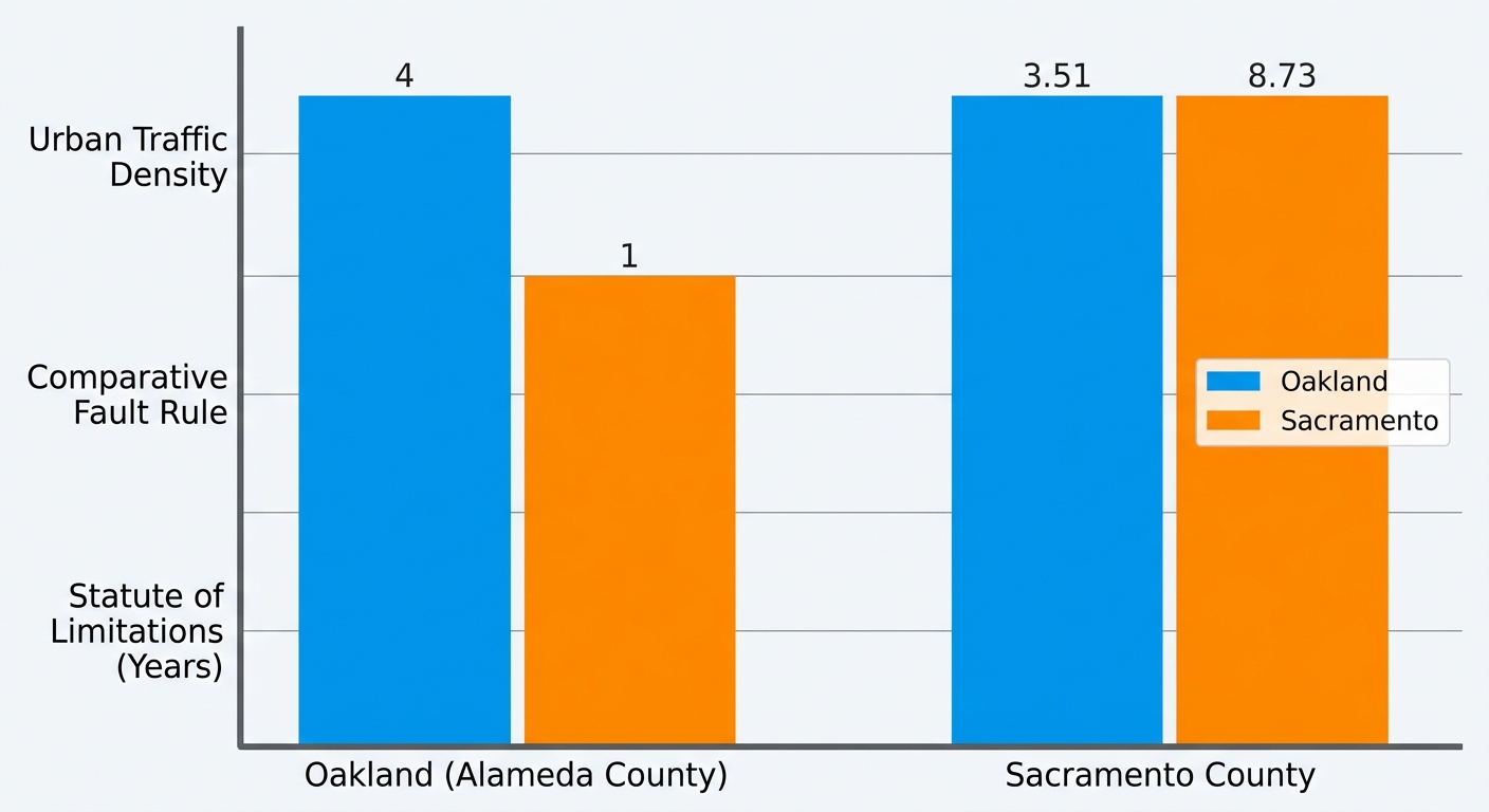 Bar chart comparing statute of limitations, comparative fault rules, and urban traffic density for motorcycle accidents in Oakland and Sacramento Counties