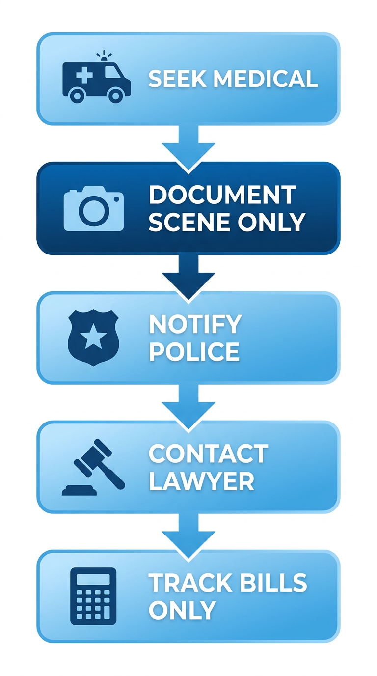 Vertical process flow illustrating 5 essential steps after an Oakland motorcycle accident: seek medical attention, document scene, notify police, contact lawyer, track bills and wages.