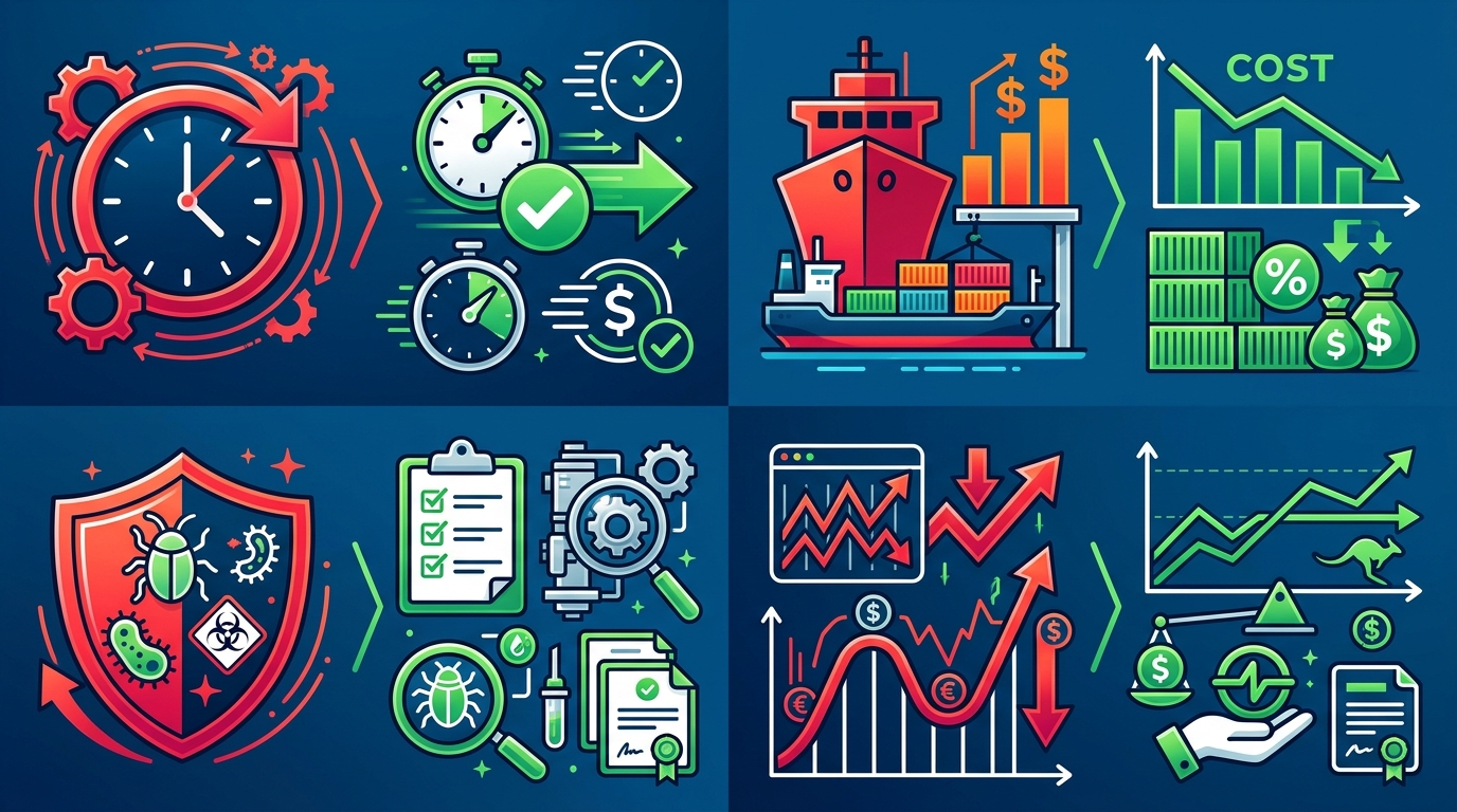 Infographic of four panels showing icons for import challenges like delays, costs, biosecurity, fluctuations and green solution visuals