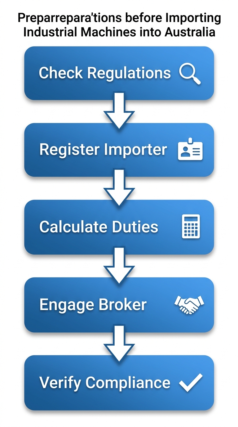 Vertical process flow diagram of five key preparation stages for importing industrial machines: check regulations, register as importer, calculate duties and GST, engage customs broker, verify supplier compliance.