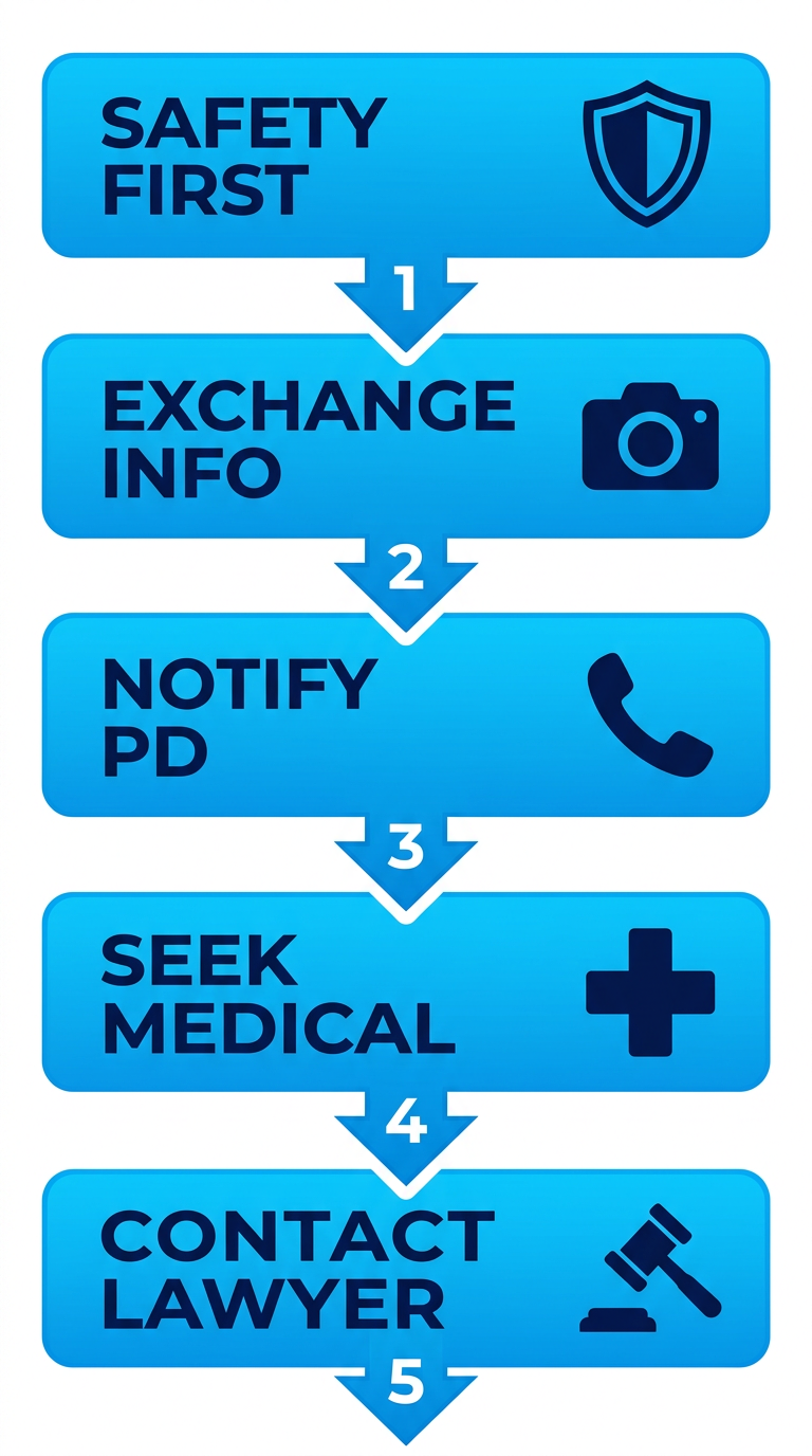 Vertical process flow illustrating five key steps after a bus accident in Oakland: ensure safety, exchange info, notify police, seek medical care, contact lawyer.