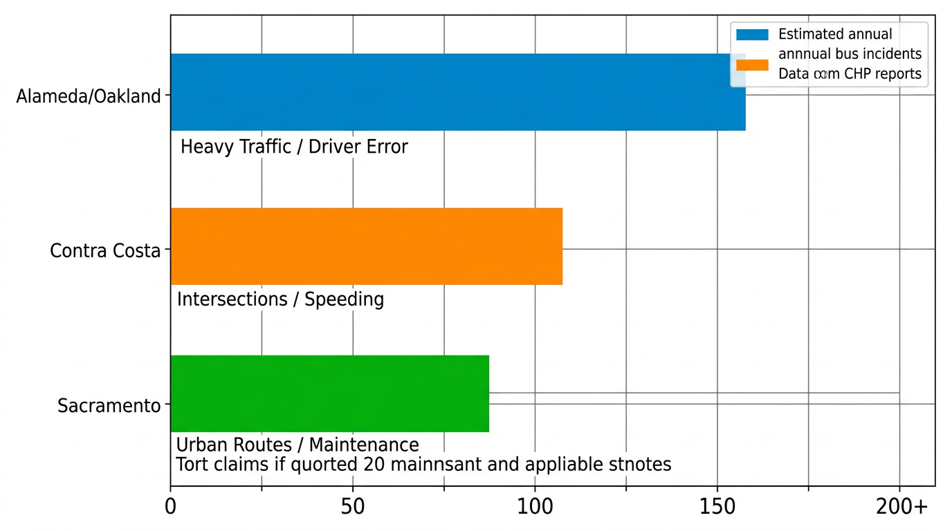 Horizontal bar chart of bus accident incidents in Alameda, Contra Costa, and Sacramento counties with causes and litigation notes
