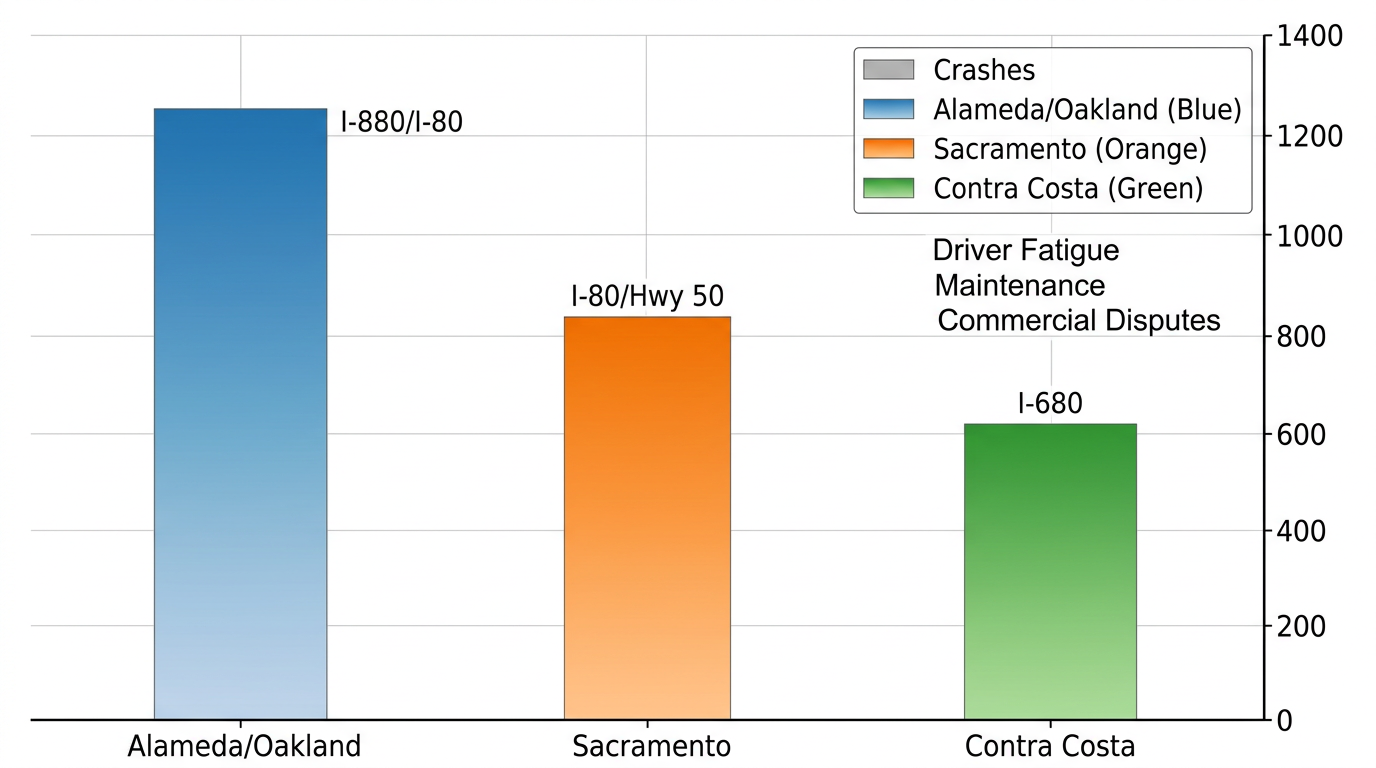 Horizontal bar chart comparing annual truck crashes in Alameda, Sacramento, and Contra Costa counties with highway and liability labels