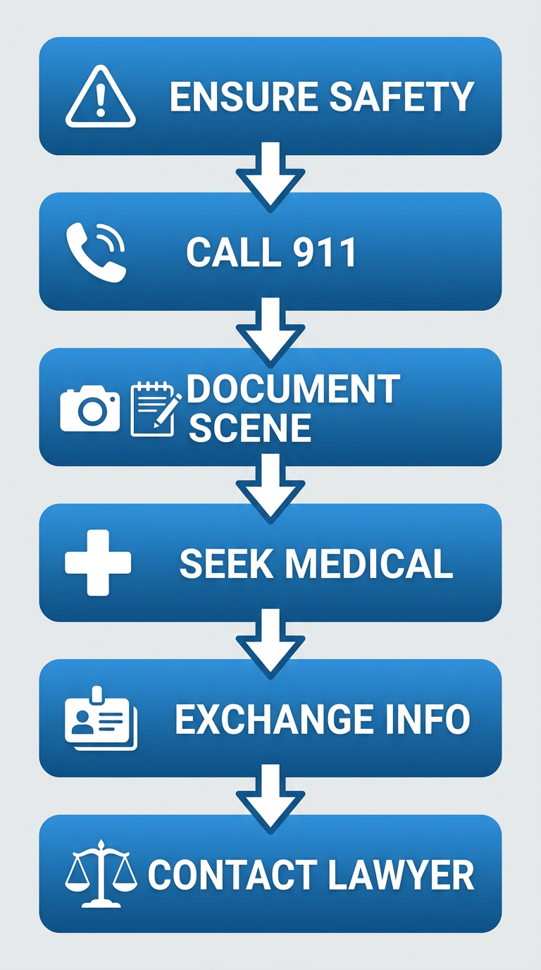 Vertical process flow diagram showing six steps after Oakland truck accident: ensure safety, call 911, document scene, seek medical evaluation, exchange info, contact lawyer.