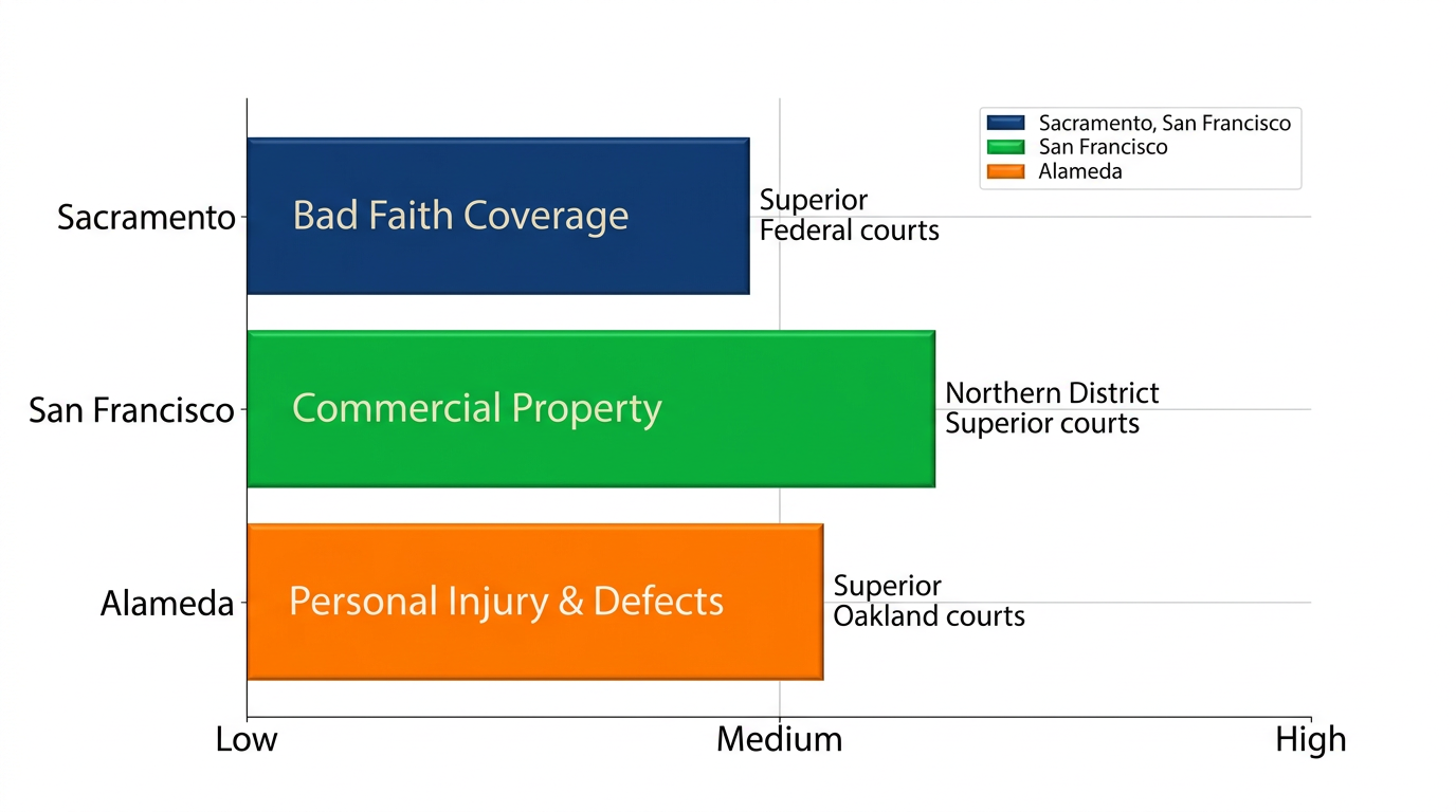 Horizontal bar chart comparing insurance litigation case complexity across Sacramento, San Francisco, and Alameda counties with county-specific dispute types and courts