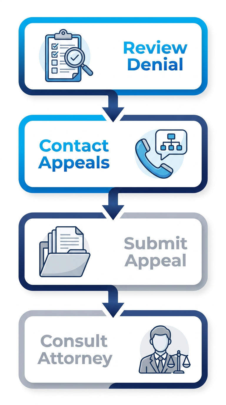 Vertical process flow illustrating four steps for handling insurance claim denials: review letter, contact appeals, submit appeal, consult attorney.