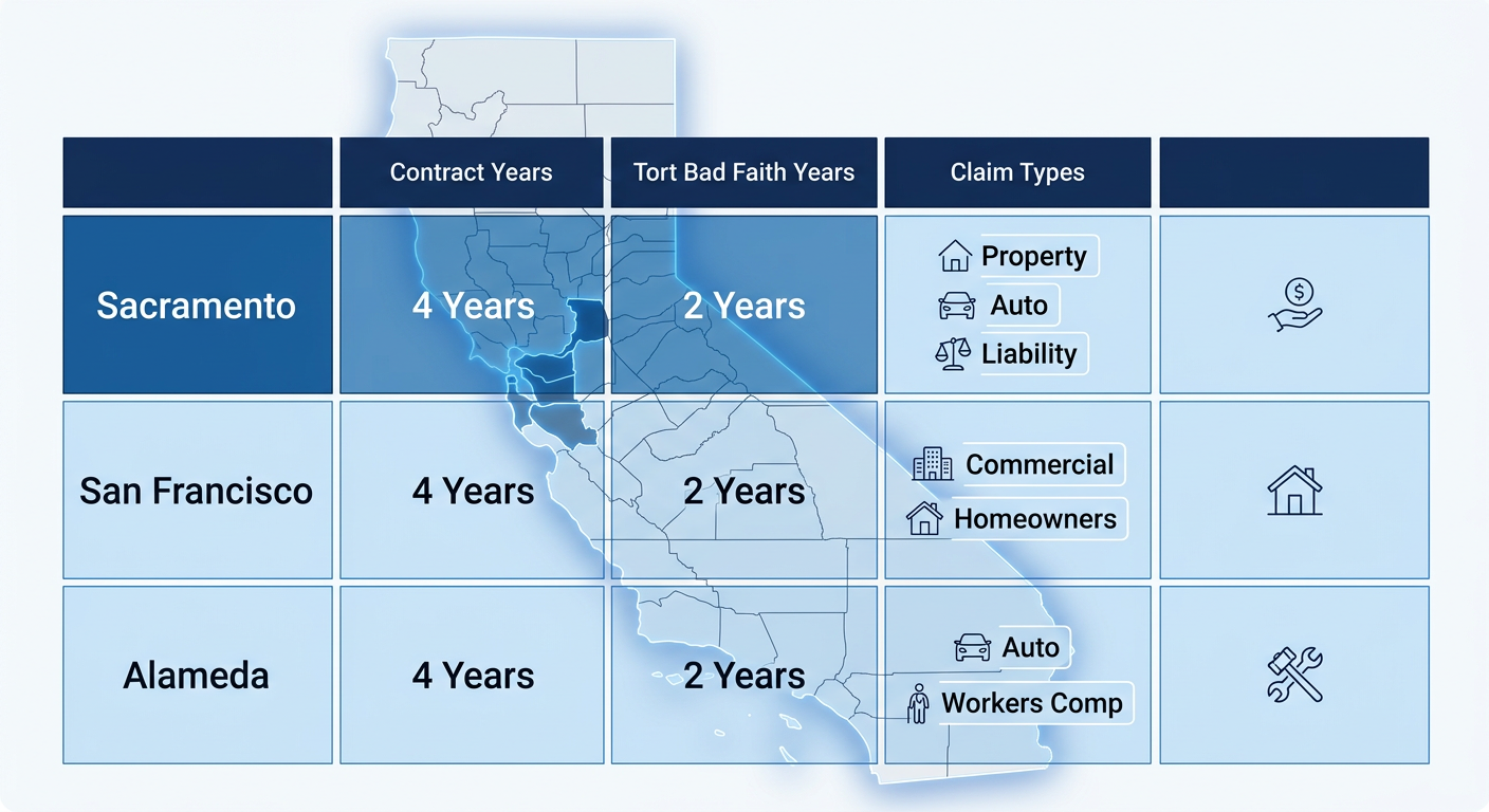 Infographic table comparing statutes of limitations for insurance bad faith claims in Sacramento, San Francisco, and Alameda counties