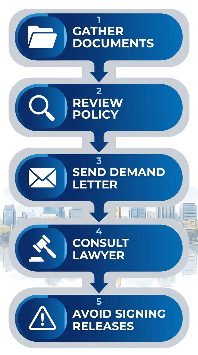 Vertical process flow diagram showing five sequential steps for initial handling of suspected bad faith insurance denial in Sacramento: gather documents, review policy, send demand letter, consult lawyer, avoid signing releases.