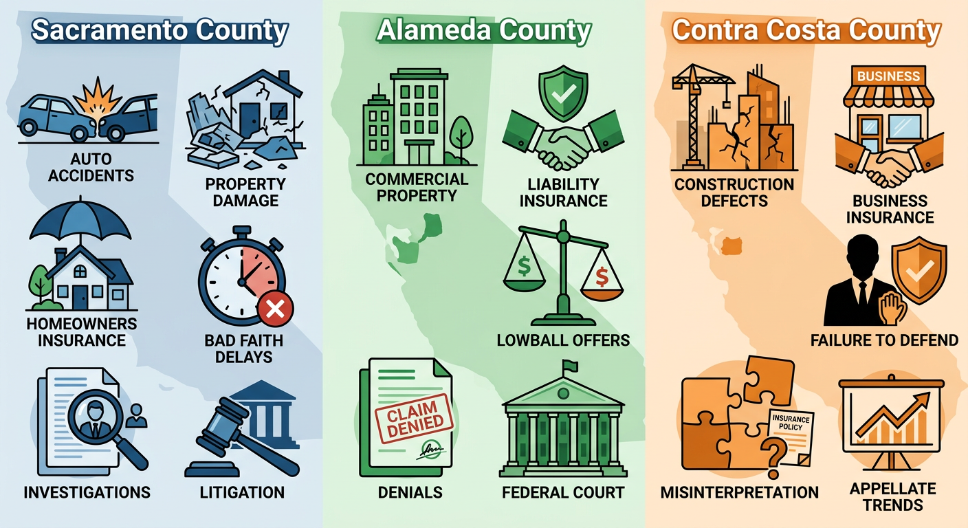 Infographic comparing insurance disputes and bad faith claims across Sacramento, Alameda, and Contra Costa counties with illustrative icons