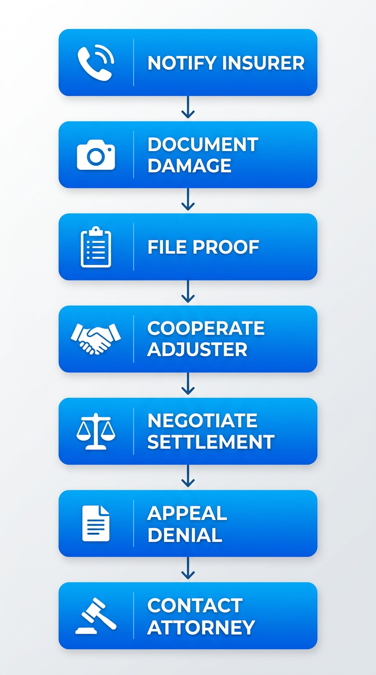 Vertical process flow diagram of 7 steps for Sacramento insurance claims: notify insurer, document damage, file proof, cooperate with adjuster, negotiate settlement, appeal denial, contact attorney.