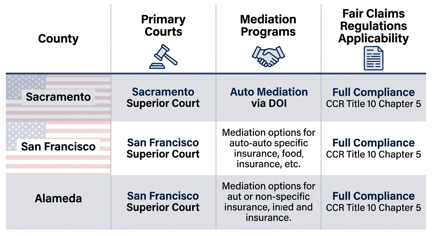 Infographic table comparing insurance claim dispute resources by county including courts, mediation programs, and regulations