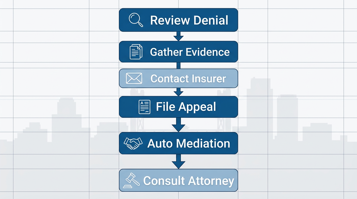 Vertical process flow diagram of 6 steps to appeal denied insurance claims in Sacramento: review denial letter, gather evidence, contact insurer, file appeal, apply for auto mediation, consult attorney.