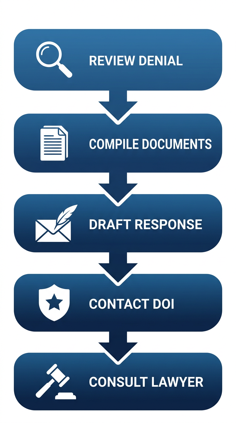 Vertical process flow diagram of 5 key first steps after insurance claim denial: review denial letter with magnifying glass, compile documents with papers stack, draft response letter with envelope, contact CA DOI with shield if bad faith, consult lawyer with gavel icon.