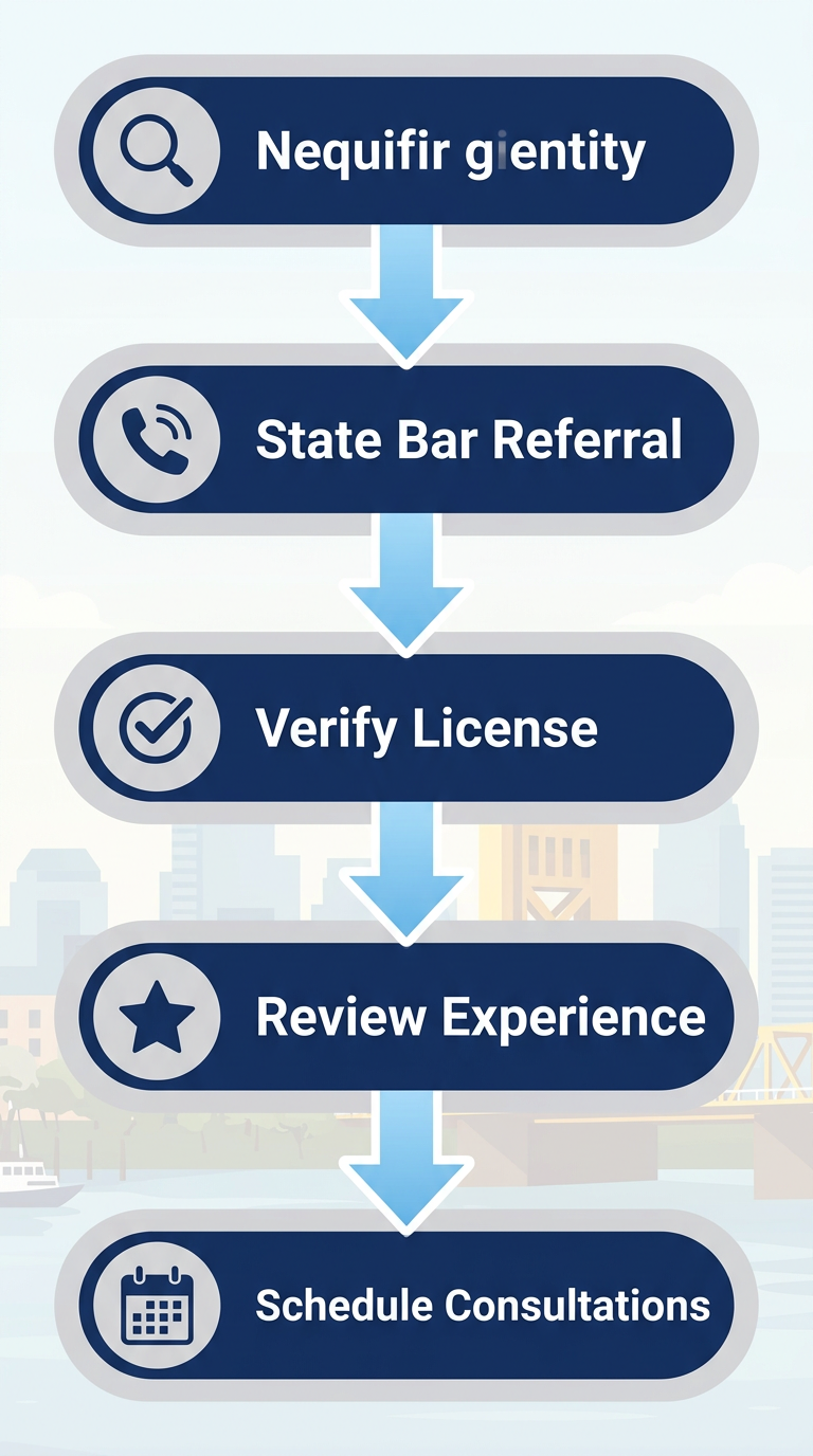 Vertical process flow diagram with five illustrated stages for hiring a Sacramento insurance claims attorney, including icons and connecting arrows on subtle skyline background
