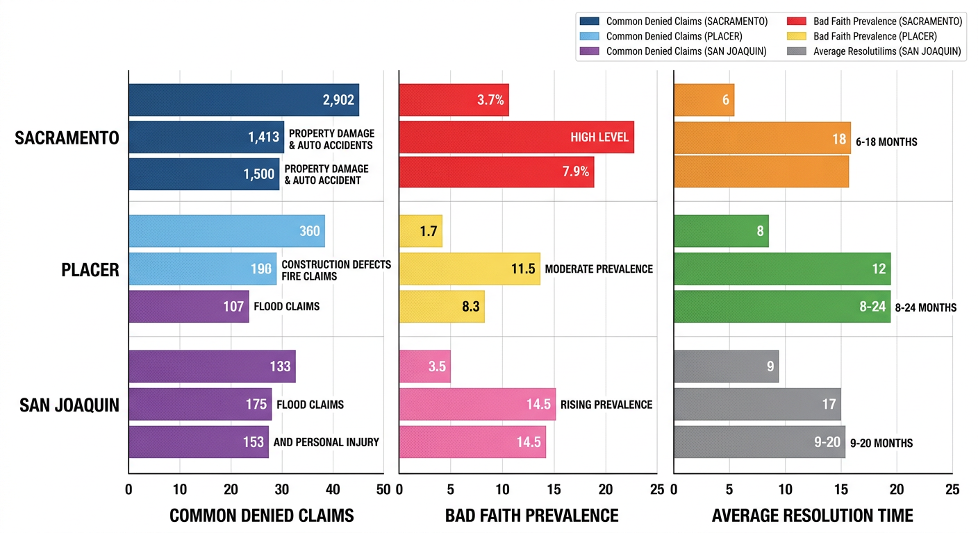 Horizontal bar chart comparing insurance claims metrics like denied claims, bad faith prevalence, and resolution times across Sacramento, Placer, and San Joaquin counties with color-coded bars.