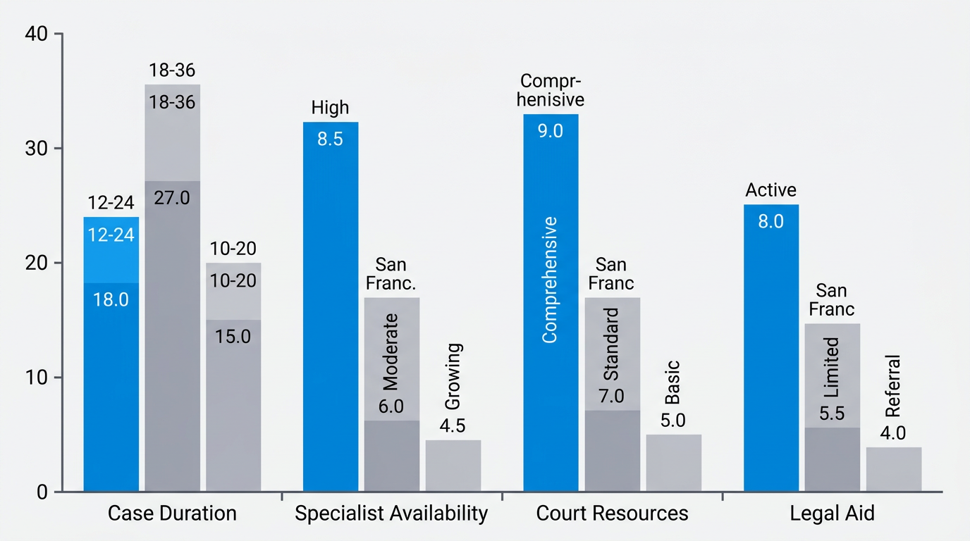 Horizontal bar chart comparing civil litigation case duration, specialists, court resources, and legal aid across Sacramento, San Francisco, and Placer counties.