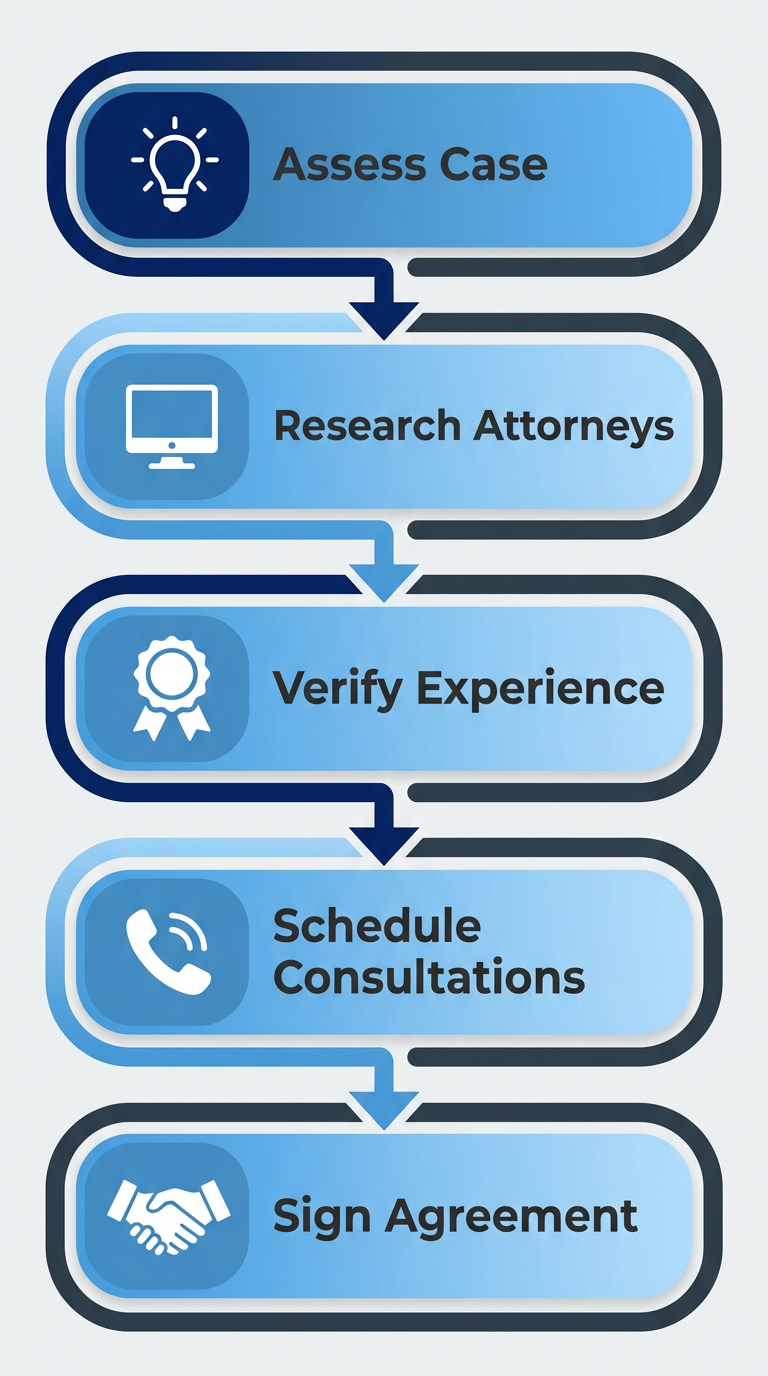 Vertical process flow diagram illustrating 5 steps to hire a civil litigation attorney in Sacramento: assess case, research attorneys, verify experience, schedule consultations, sign agreement.
