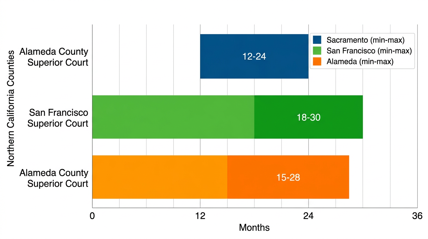 Horizontal bar chart comparing civil litigation timelines in Sacramento, San Francisco, and Alameda counties