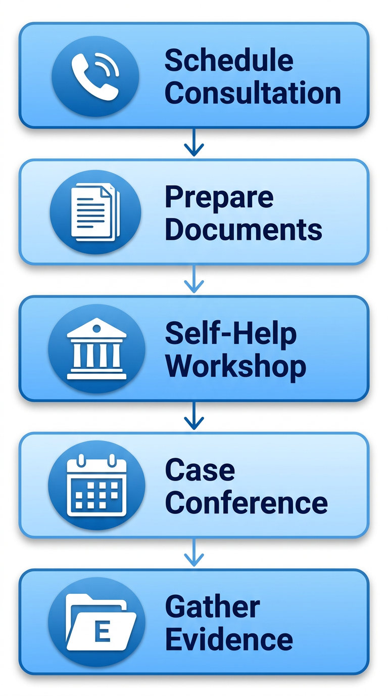 Vertical process flow diagram illustrating five key steps to engage a civil litigation attorney in Sacramento, featuring icons for consultation, documents, court workshop, conference, and evidence.