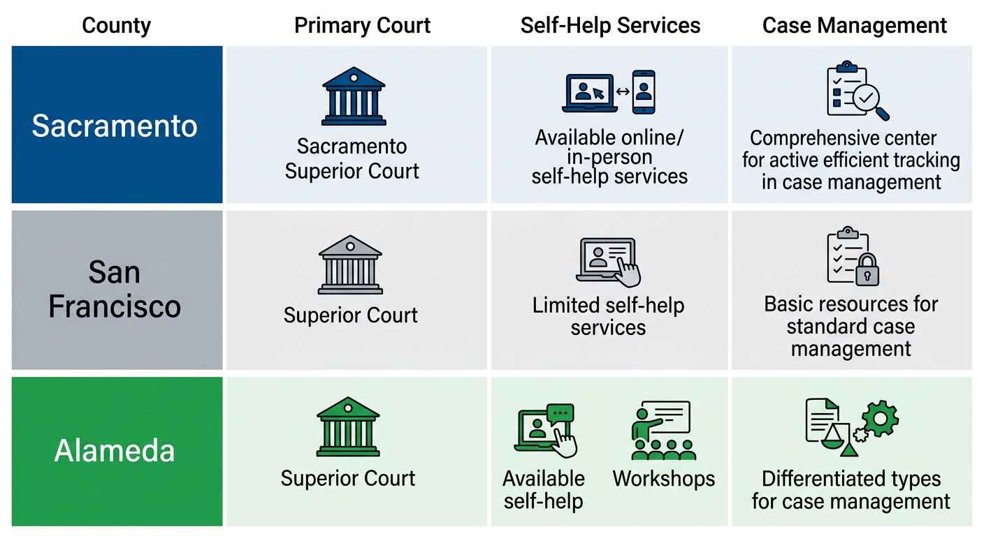 Infographic comparing civil court resources in Sacramento, San Francisco, and Alameda counties with icons and highlights