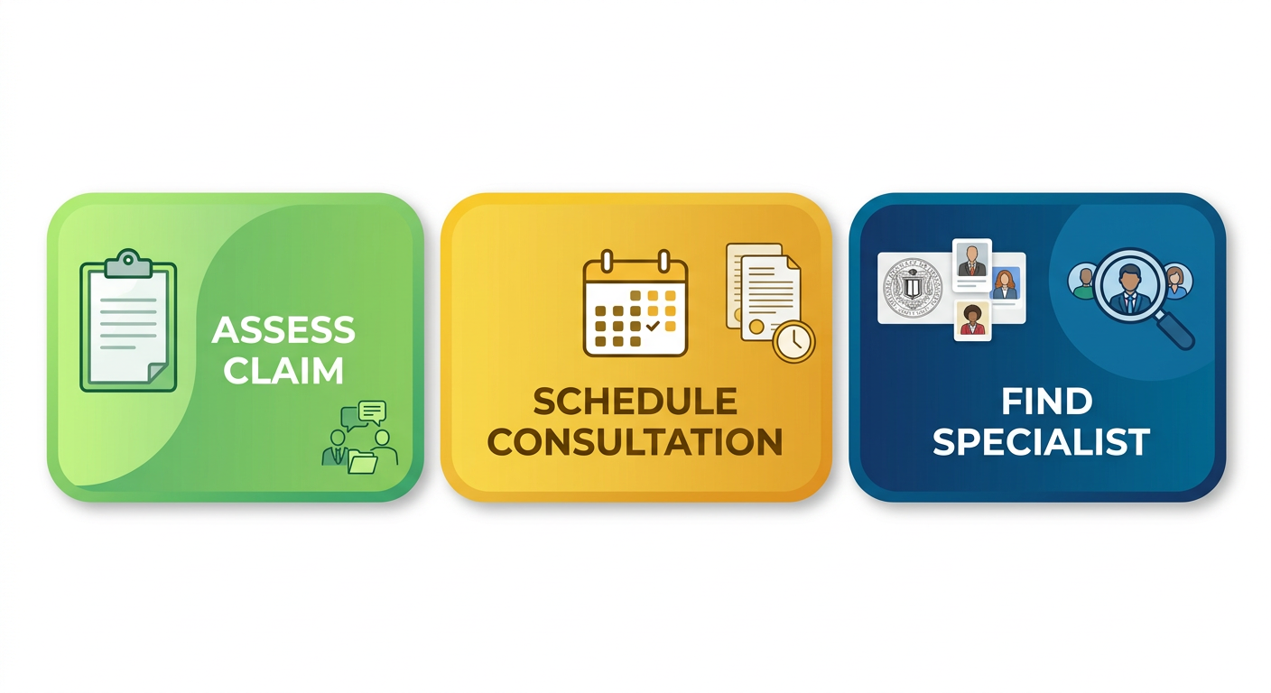 Horizontal process flow diagram for starting a Sacramento civil litigation case: assess claim, schedule consultation, find certified specialist.