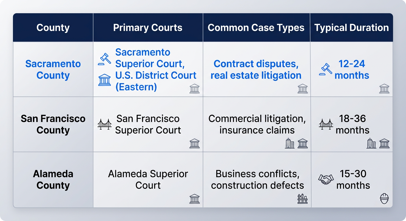 Infographic table comparing civil litigation courts, case types, and durations across Northern California counties