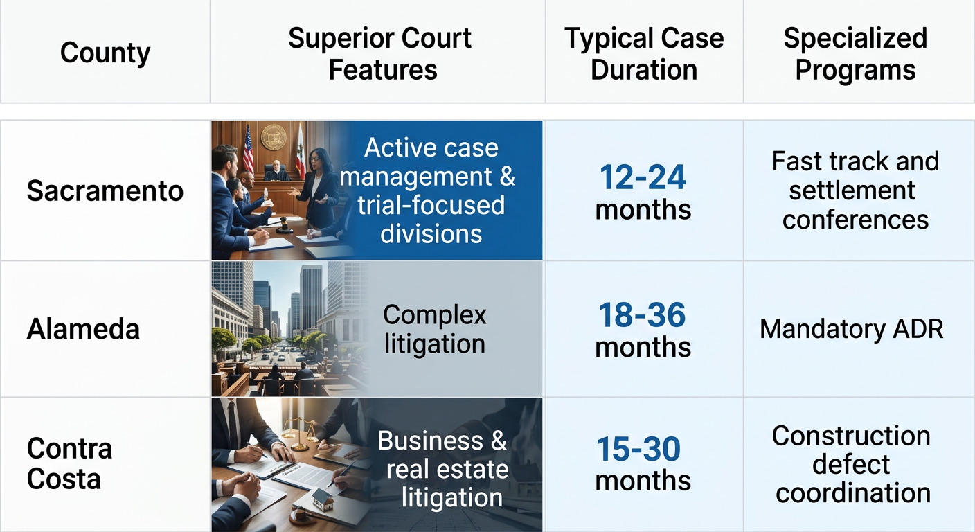 Infographic table comparing civil litigation features, durations, and programs in Sacramento, Alameda, and Contra Costa counties