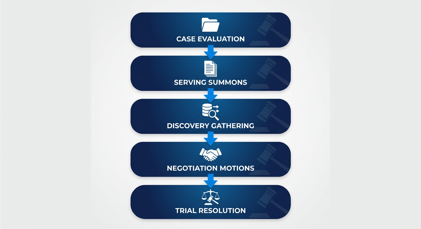 Vertical process flow diagram illustrating five key stages of Sacramento civil litigation: case evaluation, serving summons, discovery, negotiation, and trial preparation with icons.