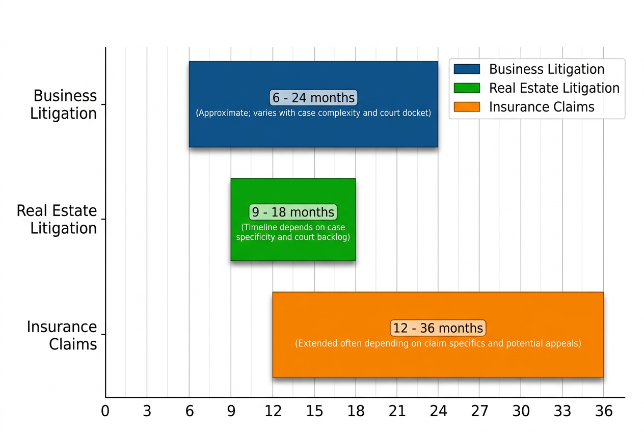 Bar chart showing average timelines for business litigation (6-24 months), real estate litigation (9-18 months), and insurance claims (12-36 months) in Sacramento