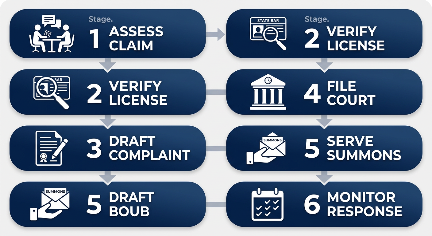 Vertical process flow diagram showing 6 steps to start a civil litigation case in Sacramento: assess claim, verify attorney license, draft complaint, file at court, serve summons, monitor response.