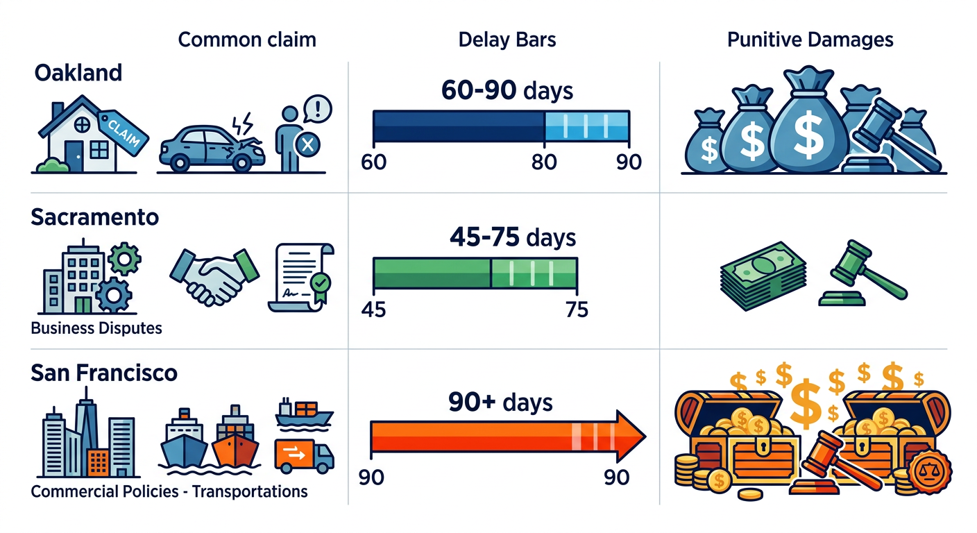 Infographic comparing bad faith insurance claim types, delays, and punitive damages across Oakland, Sacramento, and San Francisco.