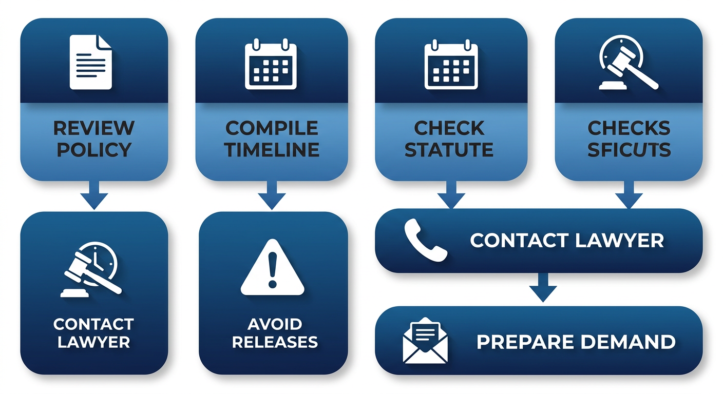 Vertical process flow diagram of 6 steps to start a bad faith insurance claim in Oakland with icons and arrows