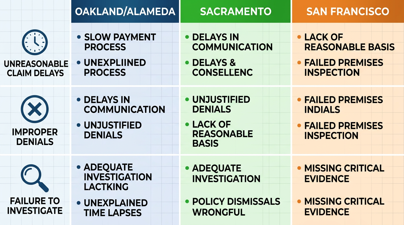 Infographic comparing common insurance bad faith practices in Oakland/Alameda, Sacramento, and San Francisco