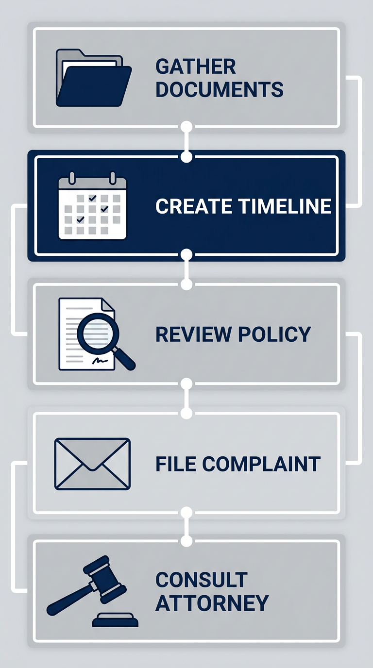 Vertical process flow diagram illustrating five key steps after suspecting insurance bad faith
