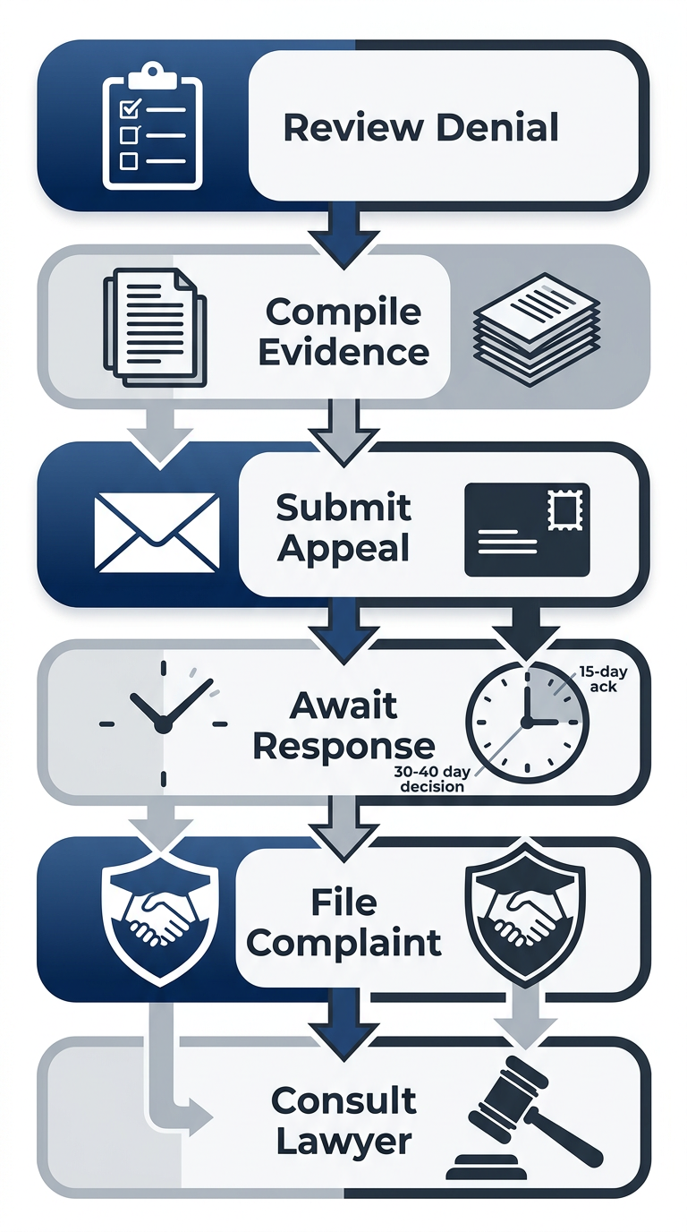 Vertical process flow diagram illustrating 6 steps to challenge insurance denial in Oakland: review denial, compile evidence, submit appeal, await response, file CA DOI complaint, consult lawyer.