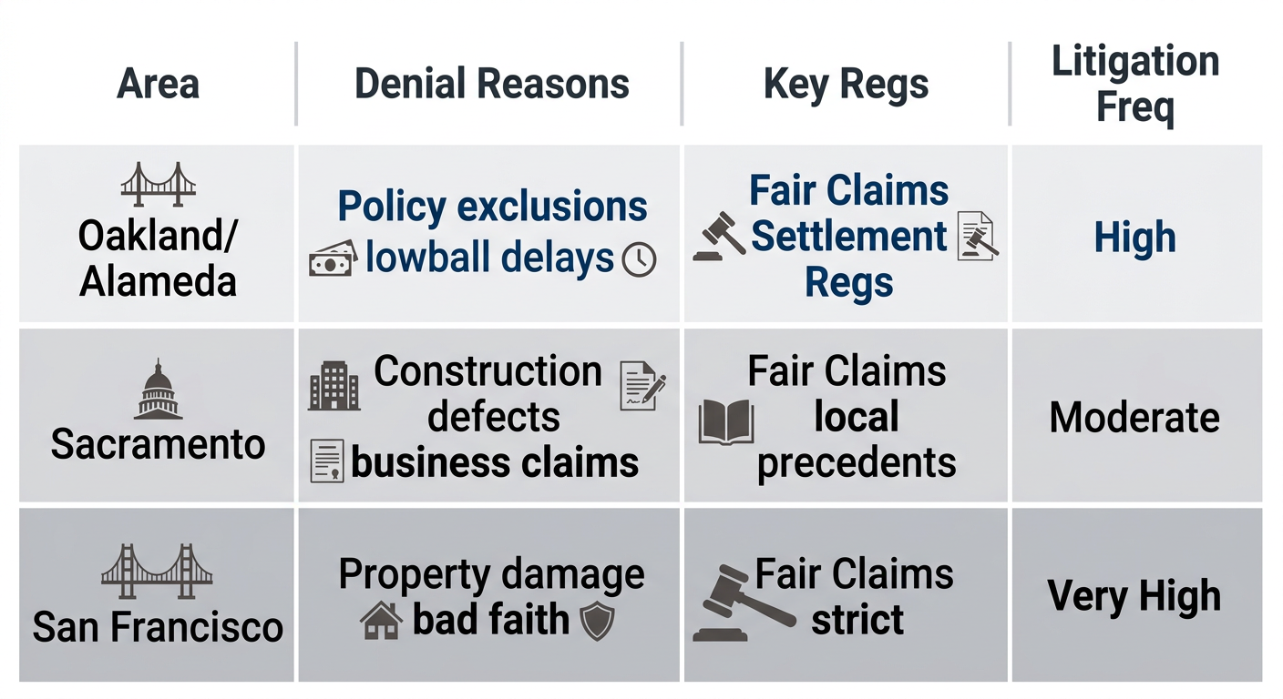 Infographic comparing insurance denial trends regulations and litigation frequency in Oakland Sacramento and San Francisco