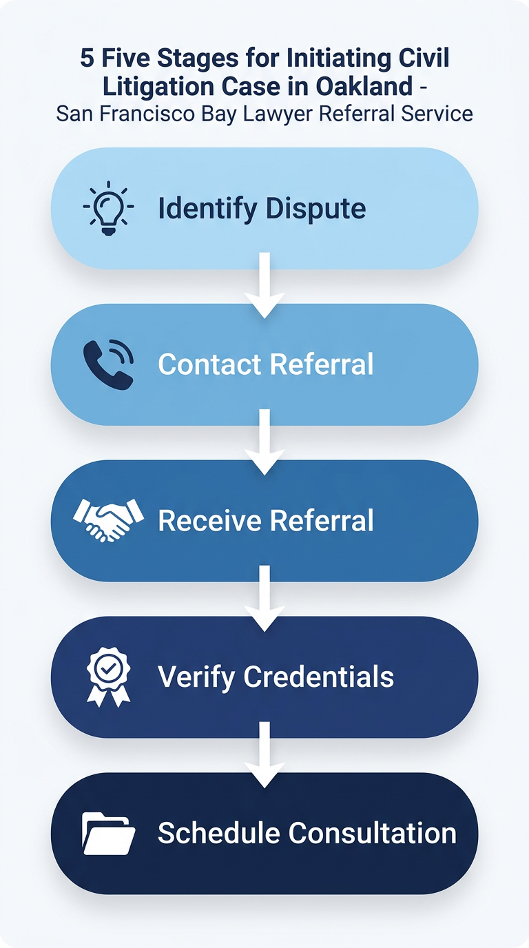 Vertical process flow diagram with 5 steps for initiating civil litigation in Oakland: identify dispute, contact referral service, receive referral, verify credentials, schedule consultation.