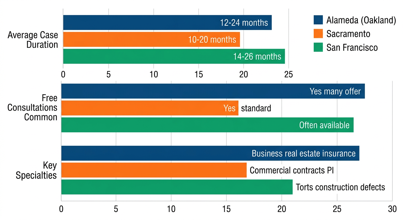 Grouped horizontal bar chart comparing civil litigation metrics like case duration, consultations, and specialties in Alameda, Sacramento, and San Francisco counties