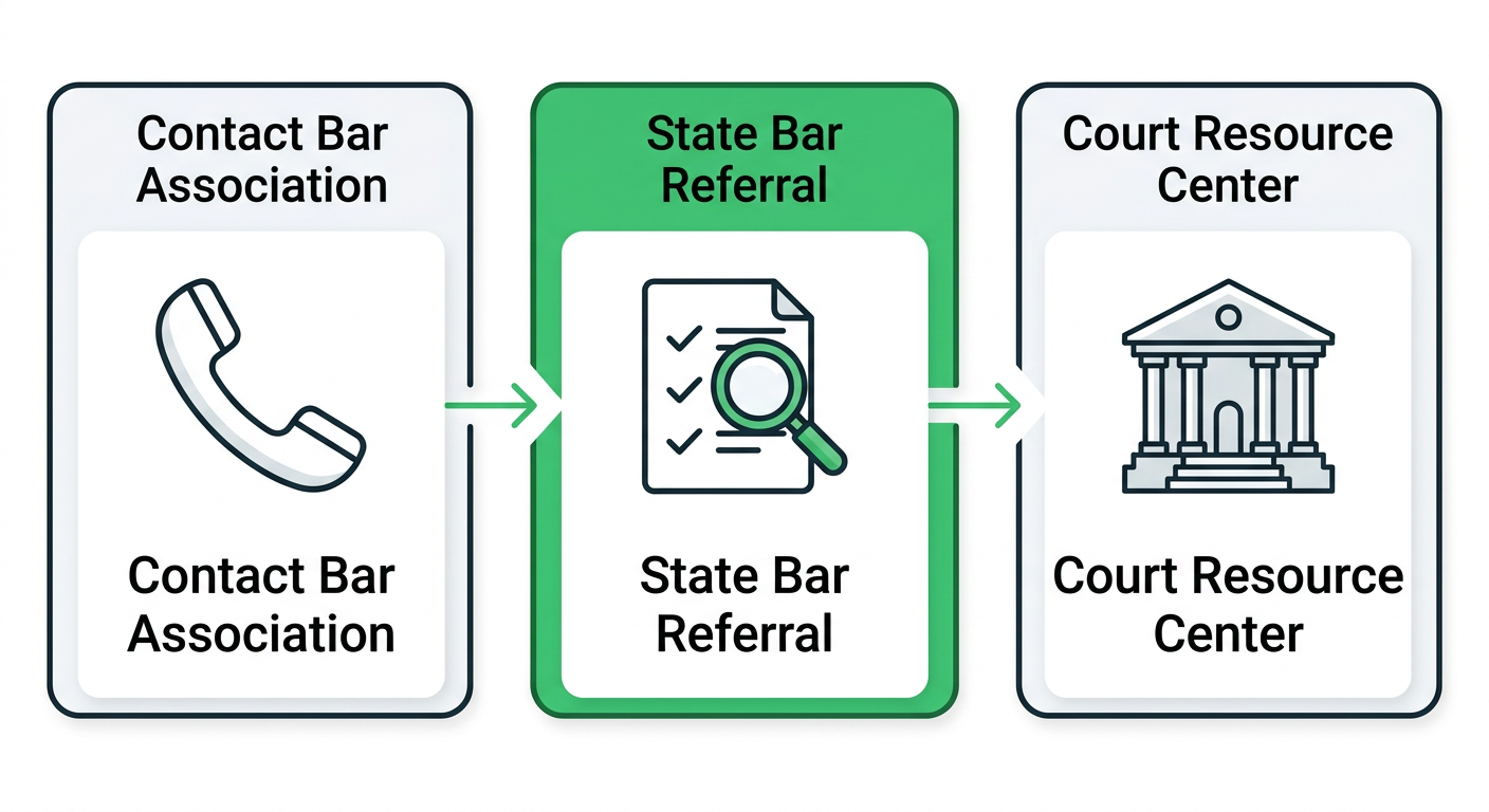 Process flow diagram illustrating three steps for starting civil litigation in Oakland: contacting bar association, state bar referral, and court resource center.