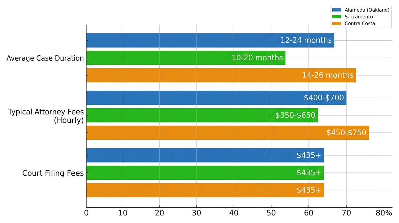 Horizontal bar chart comparing civil litigation case durations, attorney fees, and court filing fees across Alameda, Sacramento, and Contra Costa counties