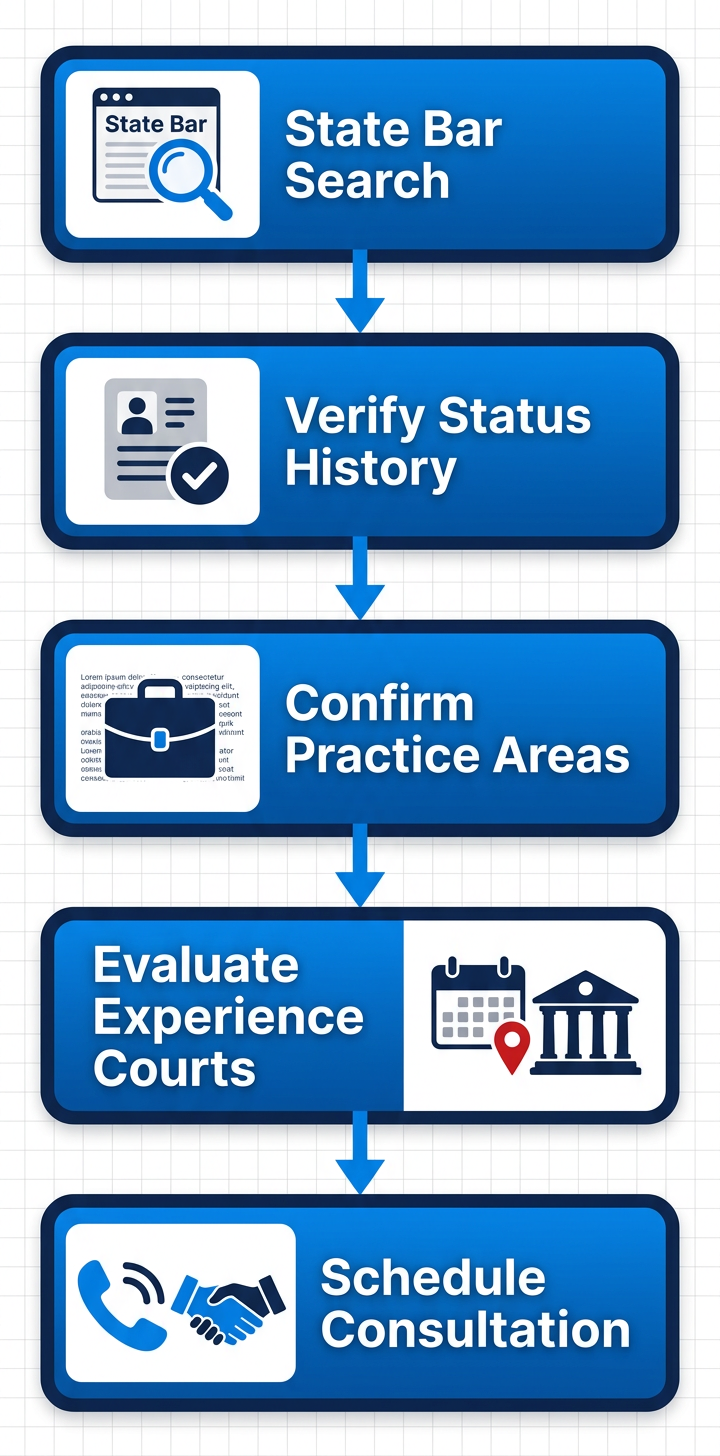 Vertical process flow diagram illustrating five steps to select a civil litigation lawyer in Oakland: State Bar search, verify status, confirm practice areas, evaluate experience, schedule consultation.