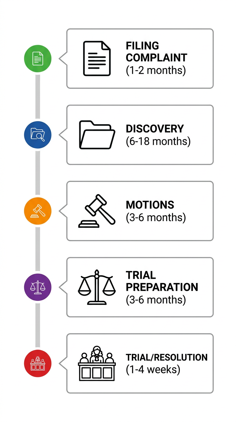 Vertical timeline showing realistic phases of civil litigation cases in Oakland courts: filing complaint, discovery, motions, trial preparation, trial resolution with estimated durations and icons
