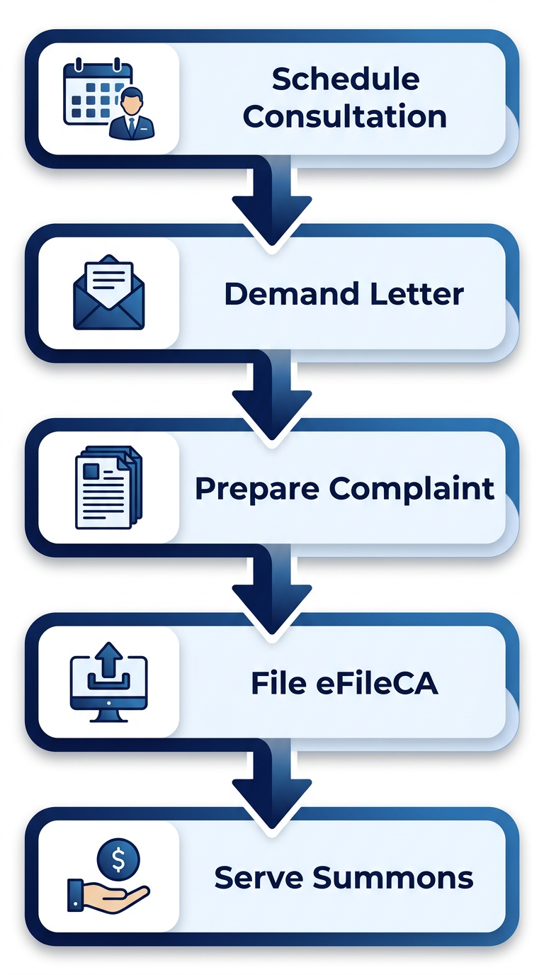 Vertical process flow diagram of five steps to begin civil litigation in Alameda County: schedule consultation, demand letter, prepare complaint, file, serve summons.