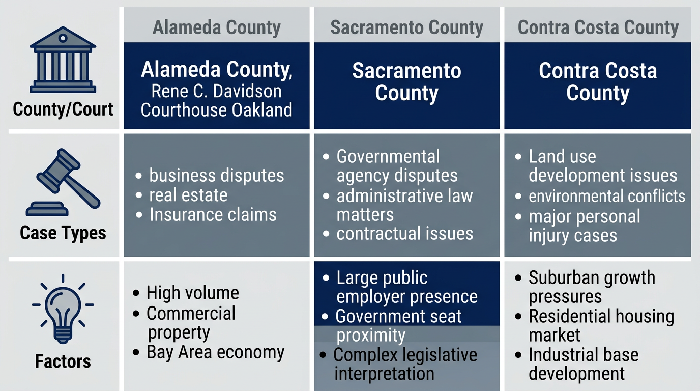 Infographic table comparing civil litigation counties, courts, case types, and local factors in Northern California