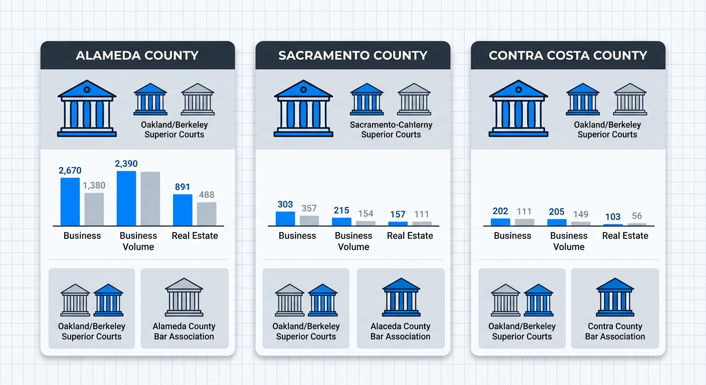 Infographic comparing civil litigation in Alameda, Sacramento, and Contra Costa counties with courts, case volumes, and bar resources